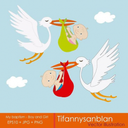 Reminder of christening for boy and girl, stork flying with ...