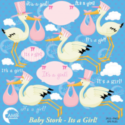 Baby Clipart, Stork Clipart, Baby Girl Shower Clipart, New Baby Clipart,  Its a Girl Clipart, Baby Pink Storks, AMB-832