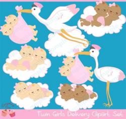 Twin Baby Girls Stork Delivery Babies African - american Babies Clipart Set