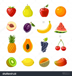 Set of colorful cartoon fruit icons: apple, pear, strawberry ...