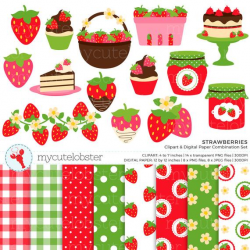Strawberries Clipart & Digital Paper Set - strawberry clip art set, jam,  cake, berry - personal use, small commercial use, instant download