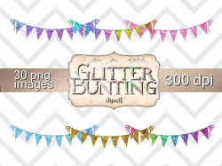 Glitter Bunting clipart, birthday party clipart, bunting digital stickers,  party decorations clipart, party invitations clipart, streamers