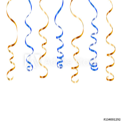 Gold blue curly ribbons. Golden serpentine on white ...