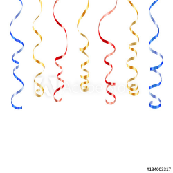 Gold blue red curly ribbons. Golden serpentine on white ...