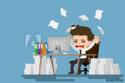 Businessman stress at the desk by a lot of work. Flat vector ...