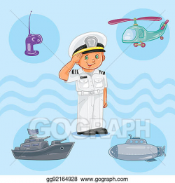 Drawing - Little boy seaman with a warship, submarine and ...