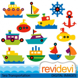 Water transportation clip art commercial use. Boat, ship, yacht, submarine,  anchor