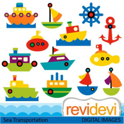 Water transportation clip art commercial use. Boat, ship, yacht, submarine,  anchor