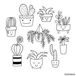 Set of cute cartoon potted plants. Succulents and cacti in ...