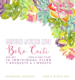 Boho Cacti watercolor clipart, southwest, rustic, cactus, bohemian,  succulents, watercolor bouquets, small Com OK, Whimsical Digitals