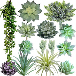 Supla Pack of 14 Artificial Fake Succulent Plants Bulk Unpotted Faux String  of Pearls Echeveria Stems Succulent Picks in Flocked Green in Different ...