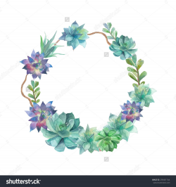 Watercolor succulents wreath. Vintage round frame with tree ...