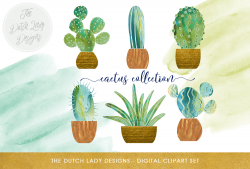 Watercolor Cactus Clipart Set - Cactus, Succulent and Watercolor Smear  Images