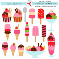 Strawberry Ice Cream Clipart Set - sundaes, ice lollies, strawberry, ice  cream cones - personal use, small commercial use, instant download