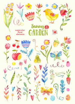 2 Sunny Garden. 52 Floral Elements, watercolour clip art ...
