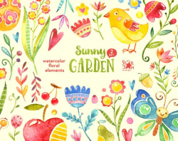 2 Sunny Garden. 52 Floral Elements, watercolour clip art, flowers, fiesta,  greetings card, Mexican, invitations, baby, nursery, birds,