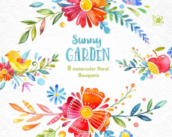 Sunny Garden. Bouquets, watercolor clipart, floral, greeting, fiesta,  invite, baby, Mexican, birds, baby-shower, quotes, wallart