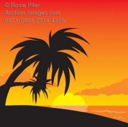 Clipart Illustration of Palm Trees on a Tropical Beach at Sunset