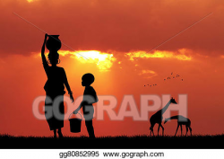 Drawing - African woman carrying water at sunset. Clipart ...