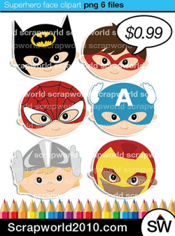 6 cute superhero clipart face:Batman,Superman,Captain ...