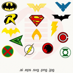 Superhero SVG clipart symbols Superheroes vector Justice League printable  cut file kids room Superman Batman Batgirl Wonderwoman gift