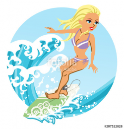 Female surfer riding big wave - circular clip art