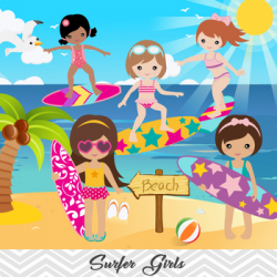 Digital Surfer Girl Clip Art, Summer Beach Girl Clip Art, Kid Surf Clip Art