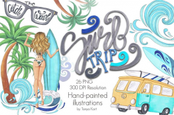 Surfing Clipart, Tropical Flowers, Surf Trip Clipart, Summer Clipart,  Surfboard Clipart, Ocean Clipart, Vacation Clipart, Planner Clipart