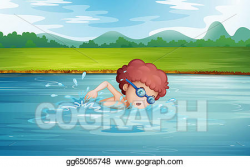 EPS Illustration - A boy swimming at the river with goggles ...