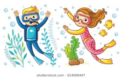 A boy and a girl swim under the water in a scuba diving with ...