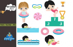 Swimmer clipart, Girl pool party, Girl Swimming clipart, sports clipart,  pool clipart, goggles clipart, cute swim dress, trophy clipart