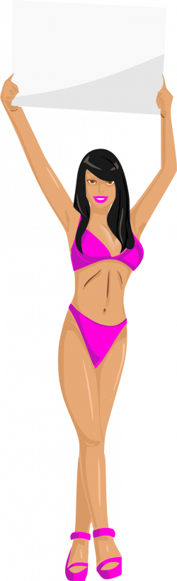 Clipart - Girl with sign (pink bikini, black hair, light skin)
