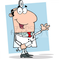 12850 RF Clipart Illustration Doctor Holding Syringe And Waving For  Greetings clipart. Royalty-free clipart # 385169