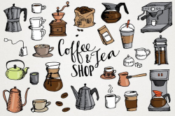 Coffee & Tea Clip Art - hand drawn clipart, cross hatch sketched, coffee  shop clipart, coffee scrapbooking art, tea house clipart, cafe menu