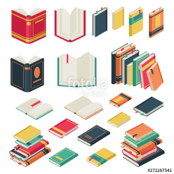 Isometric book collection. Opened and closed books set for ...