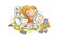 A kids speech therapist with toys, books, letters and a mirror. Speech  therapist, doctor, teacher, therapy, kids, children, clipart, cartoon
