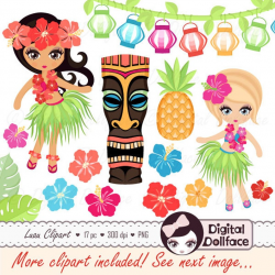 Hawaiian Luau Clipart / Hula Girl, Hibiscus, Tiki Clip Art