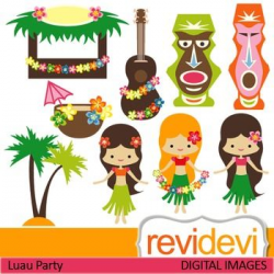 Clip art Hawaiian Party (girls, luau, plumeria, tiki) in ...