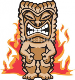 Illustration of a strong tiki warrior amongst burning flames ...
