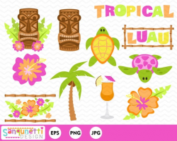 Tropical luau clipart, tiki hawaiian summer digital art