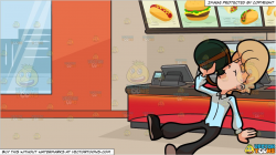 A Tired Man Chugging Water Out Of His Flask and Inside A Fast Food  Restaurant Background