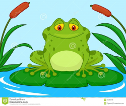 Cute Green Frog Cartoon On A Lily Pad Illustration 33233016 ...