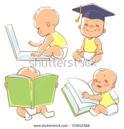 Set with cute babies in diapers. Genius little boy reading ...