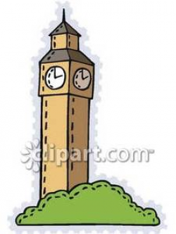 A Brown Clock Tower with Plants Below Royalty Free Clipart ...