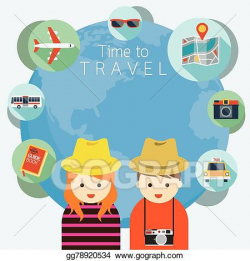 Vector Art - Couple tourist with traveling icons worldwide ...