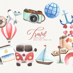 Travel clipart Watercolor travel, journey vector clip art Vacation Trip  planner elements commercial use OK