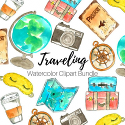 Travel clip art - watercolor clip art - traveling clip art - Hand drawn -  Embellishments - Commercial Use