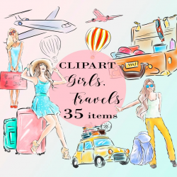 Travel clipart Watercolor, Travel clip art PNG, Travel girls, Wanderlust  art, Hand drawn illustrations, Aircraft, Suitcase art,35 PNG summer