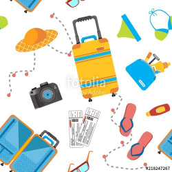 Seamless pattern with travel items including suitcase and ...