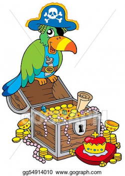 Drawing - Big treasure chest with pirate parrot. Clipart ...